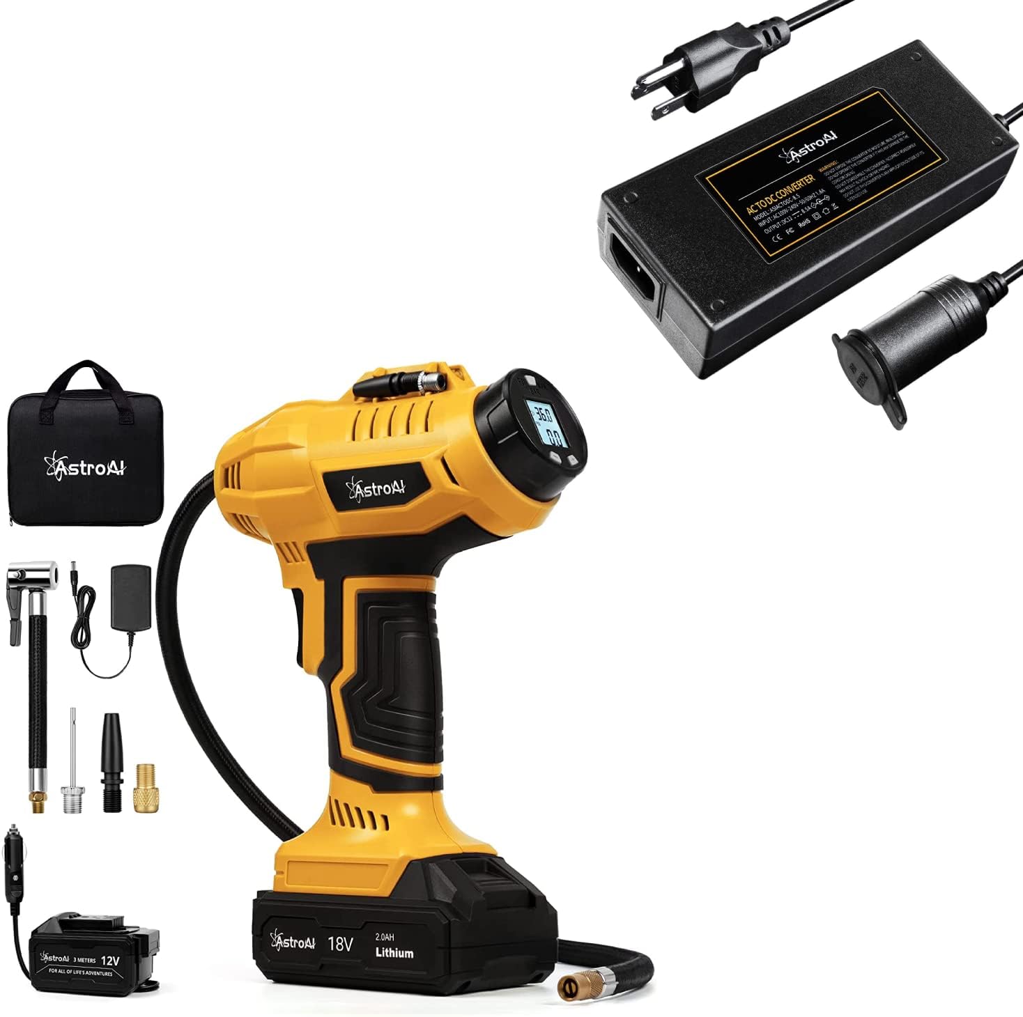 AstroAI Cordless Tire Inflator Air Compressor and AstroAI AC to DC Converter
