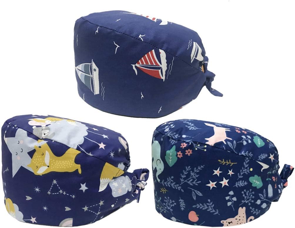 None 3pcs Cotton Scrub Cap Printing Working Hat Dust-proof Beanie Head Protector