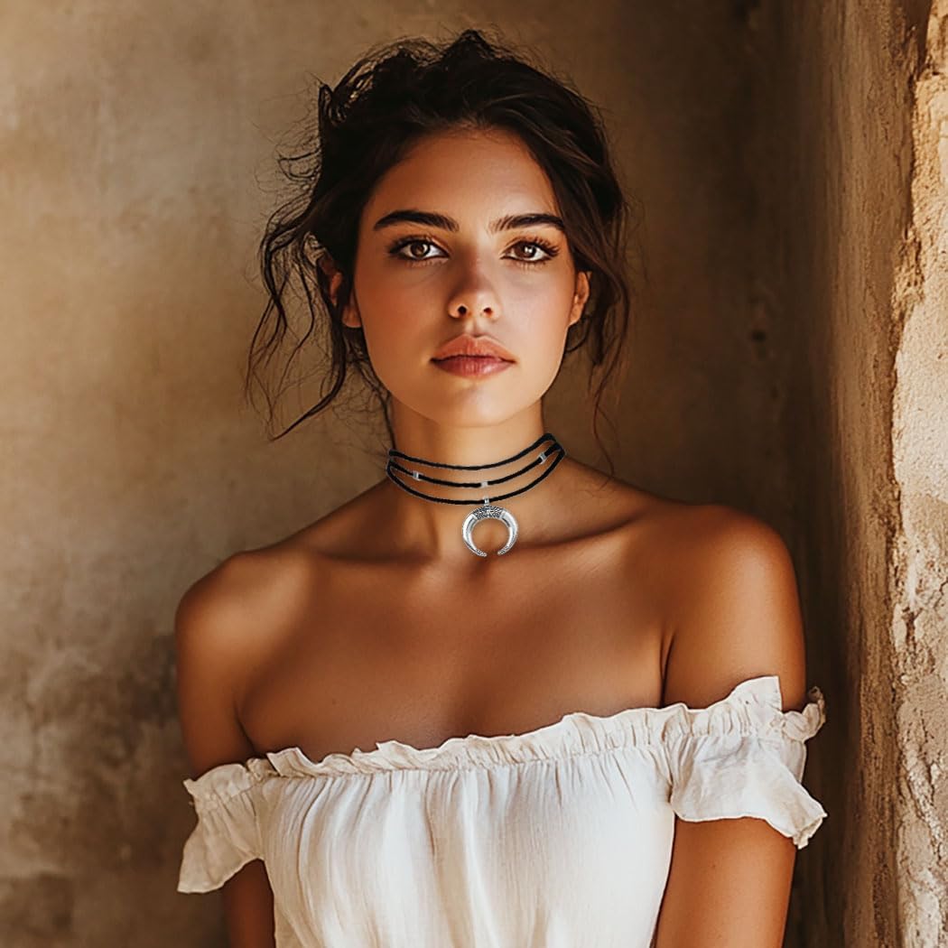 Boho Choker Necklace for Women Moon Pendant Necklace Black Layered Necklace Western Neck Jewelry - Image 6