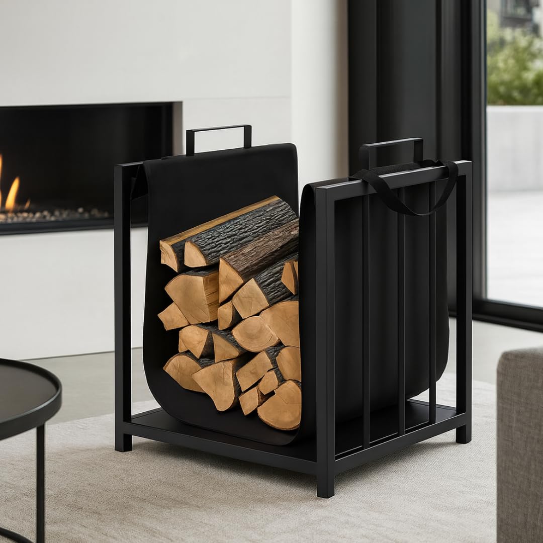 Kaminholzregal Innen - Schwarz 50,5 x 50 x 37 cm - Korb für Kaminholz -Metal Brennholzregal Außen - Kaminholz Aufbewahrung Innen - Holzlager außen Wetterfest -Holzstapelhilfe