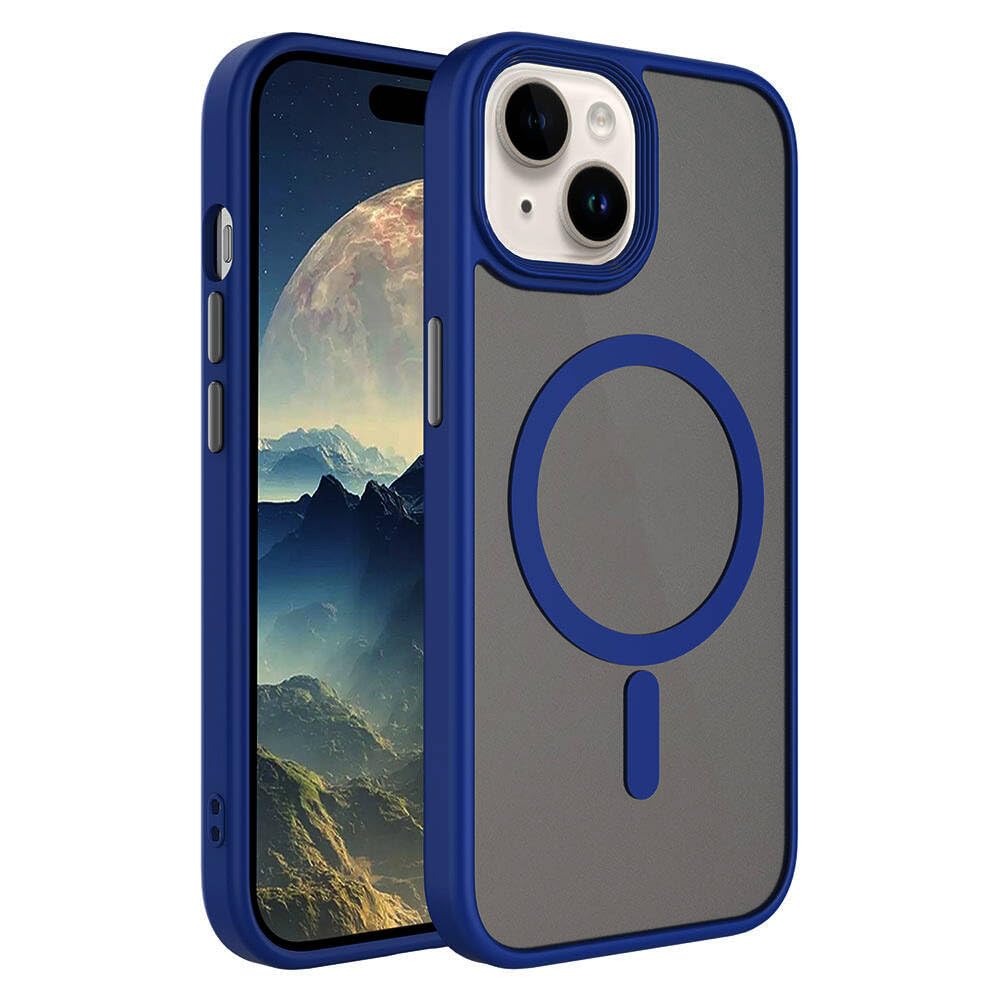 Zore Apple için uyumlu iPhone 15 Kılıf Mat Arka Yüzey Wireless Şarj Özellikli Zore Flet M-safe Kapak Mavi