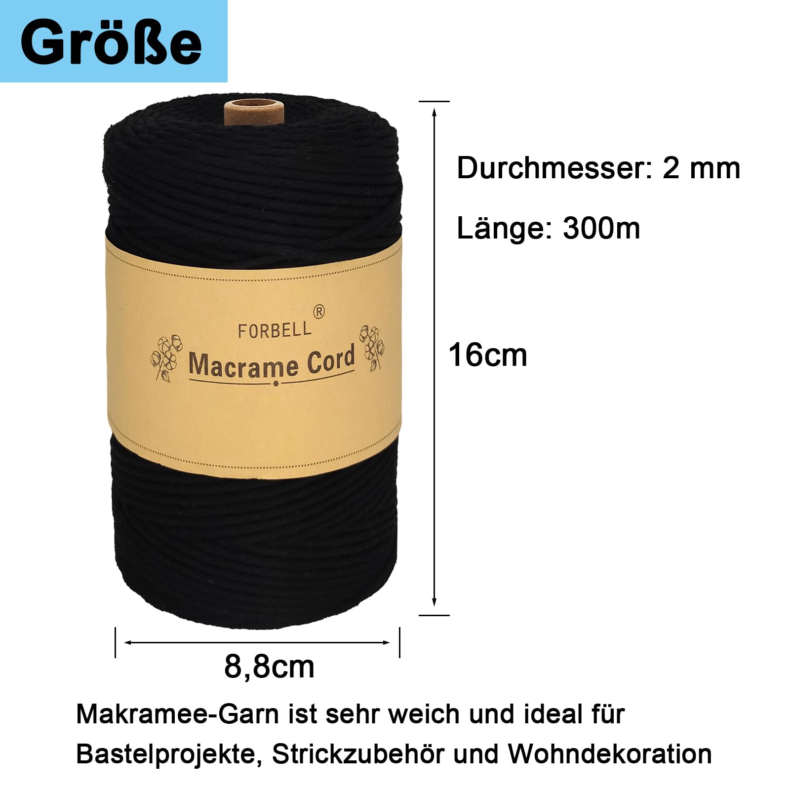 FORBELL Macrame Yarn, 2 mm x 300 m Premium Cotton Yarn, DIY Crafts (Aqua Blue, 2 mm x 300 m) - Image 3