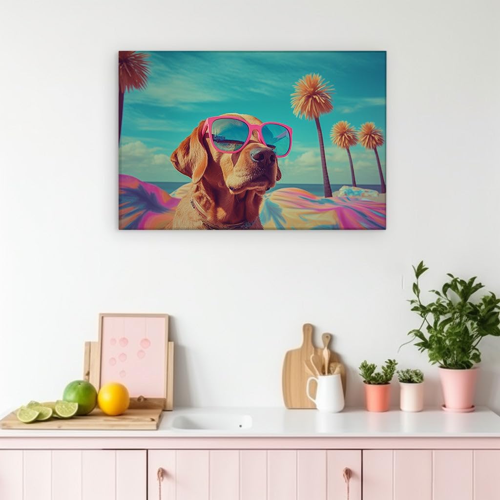 Canvas for Living room. Sunglasses and Sand: A Stylish Pooch�s Beach Day Dream, 27 x 18 inch Canvas Wall Art - Ready to Hang
