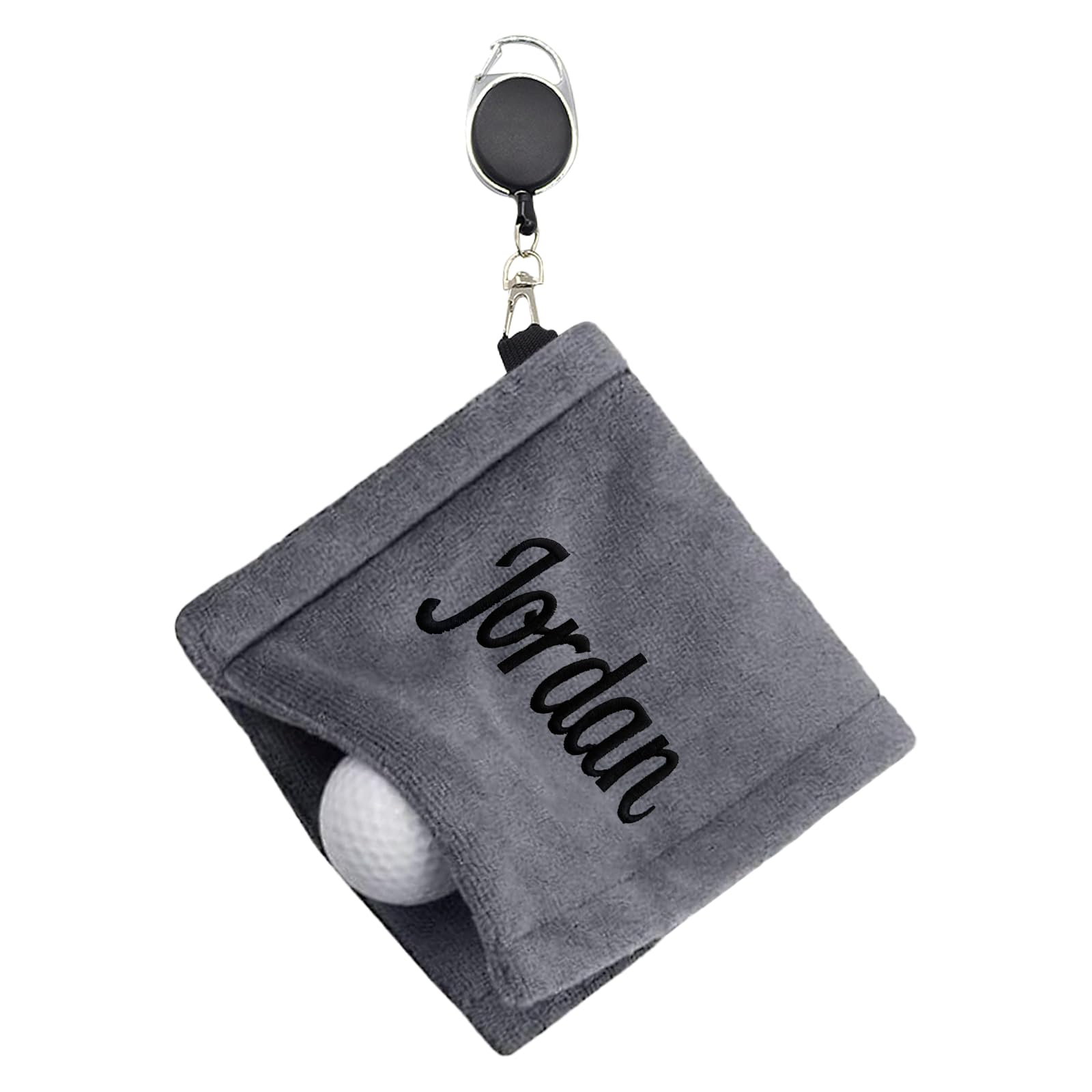 Personalized Golf Towel with Retractable Clip - Custom Embroidered Name, Ultra-Absorbent, Waterproof Wet/Dry Tech Small Golf Ball &amp; Club Cleaner for Men, Women, Ideal Golf Gift (Gray)