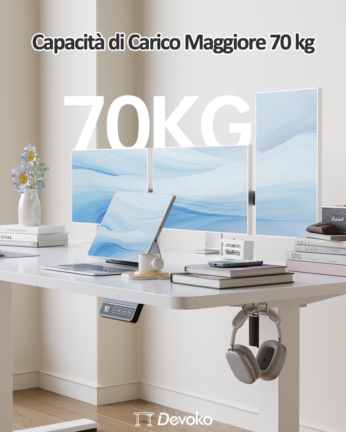 Devoko 120x60 cm Scrivania Regolabile in Altezza,Elettrica per Lavoro in Piedi, Ufficio e Casa, Standing Desk Scrivania Studio in Casa con Piano Assemblato, Bianco