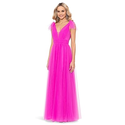 Betsy & Adam Long Mesh V Neck Ballgown Women