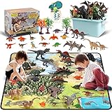 DigHealth 33 Pcs Dinosaur Toy Playset with Activity Play Mat, Realistic Dinosaur Figures, Trees, Rockery to Create a Dino World Including T-Rex, Triceratops, Pterosauria for Kids, Boys & Girls