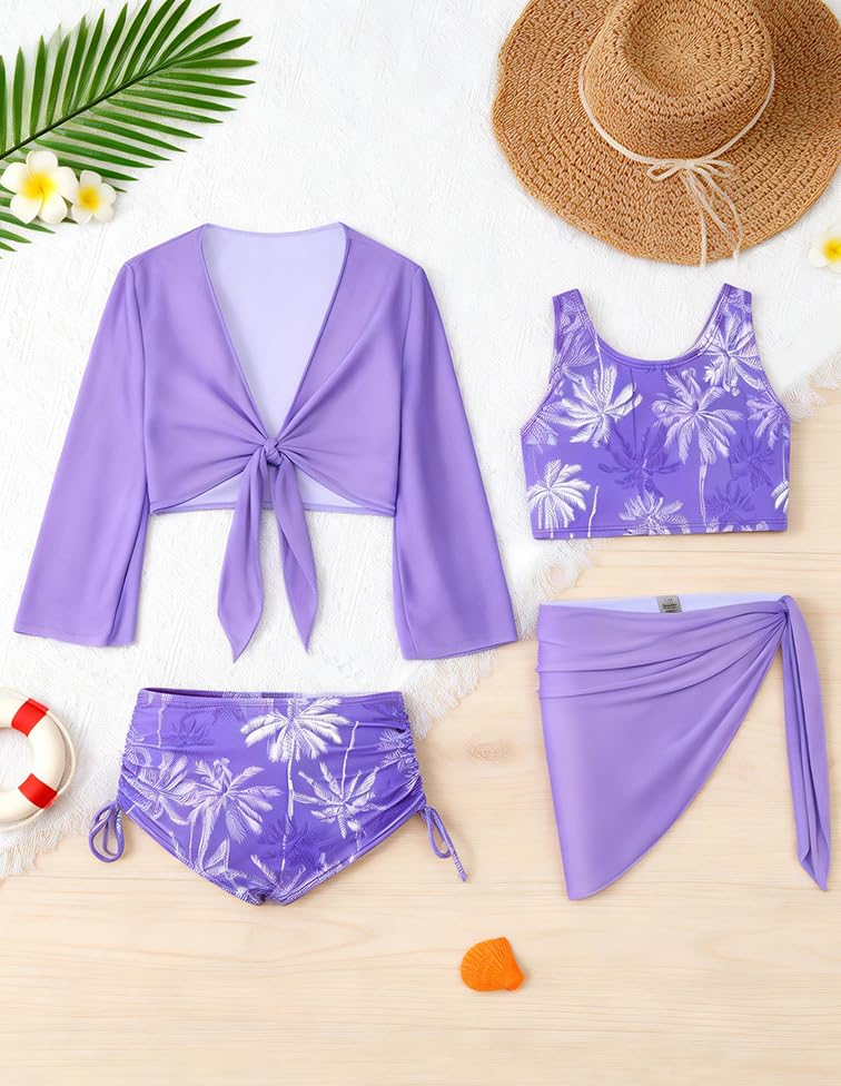 Image of GRACE KARIN Girls Bathing Suit Adjustable Taniki Swimsuit Tie Front 4 Piece Bikini Set with Kimono Cover Up 6-14