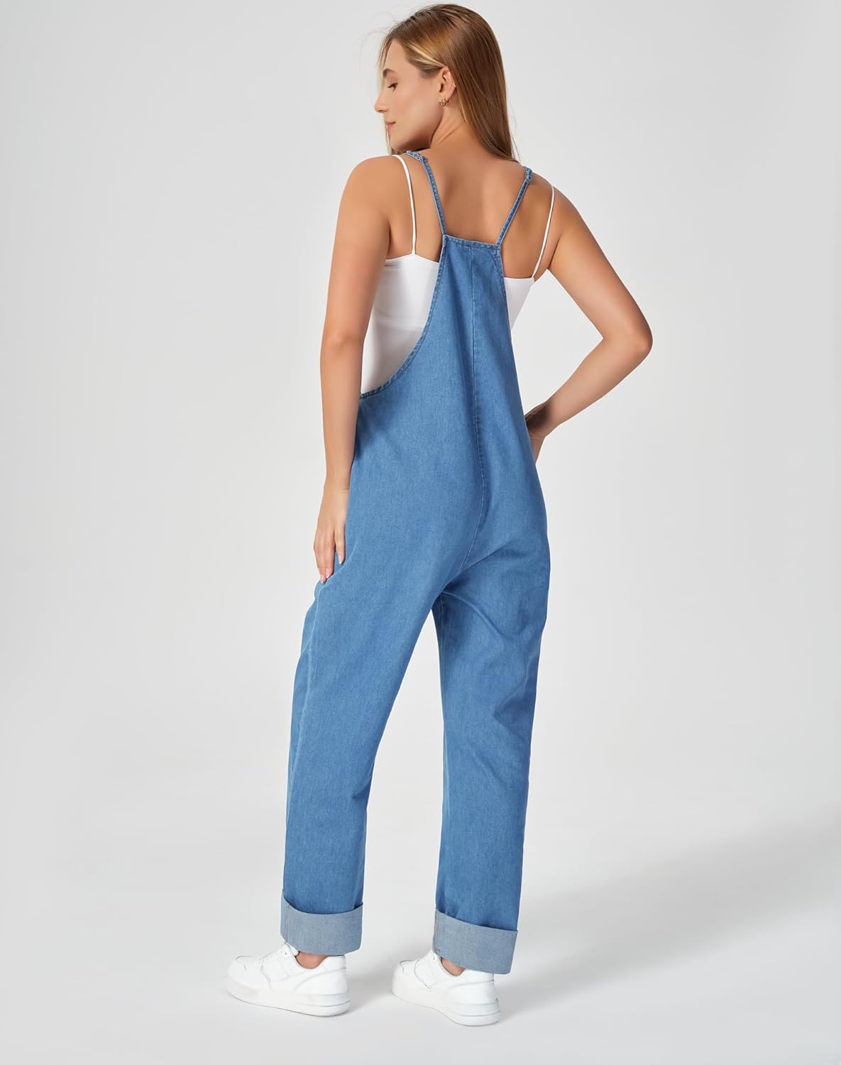 roswear Women's Denim Overalls Thin Sleeveless Jumpsuits with Adjustable Strap Cuffed Hem - Image 3