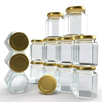 SITOVI Hexagon Glass Jar & Container with Rust Free Air Tight Lid, Suitable for Use in Your Home Office, Kitchen Storage/Glass Jar for Kitchen 250 ml (Gold lid, 6) - image, photos