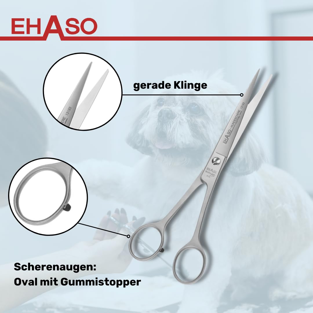 EHASO Hochwertige Gerade Hundeschere aus - Für langhaar & kurzhaar - 19 cm matt - Fellschere für Hunde & Katzen - Profischere für Jede Art von Fell direkt Solingen