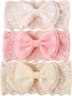 Baby Lace Headbands with Bow, 3 Pack, White, Pink and Cream