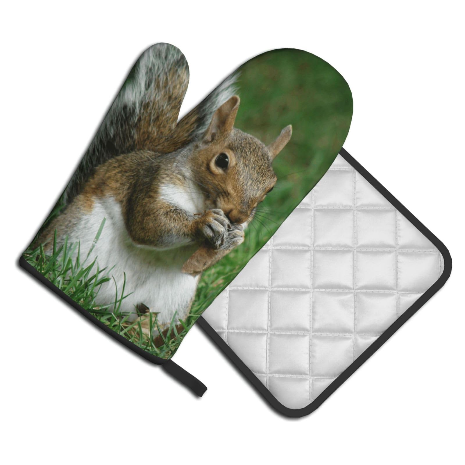 Oven Mitts and Pot Holders Set of 2 Pcs, Squirrel Printed Heat Resistant Kitchen Gloves Potholders for Cooking Baking Grilling
