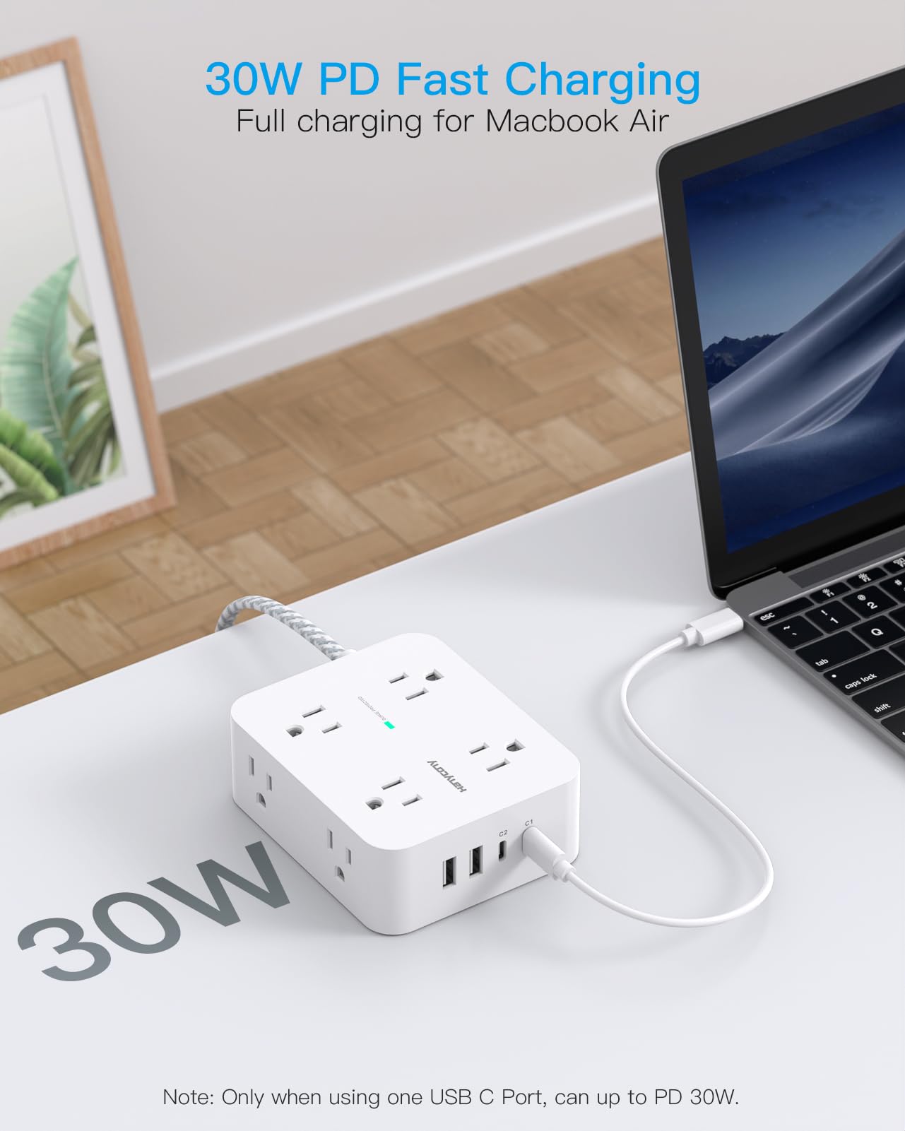Surge Protector Power Strip - HANYCONY 8 Outlets 4 USB (2 USB C) Charging Ports, Multi Plug Outlet Extender, 5Ft Braided Extension Cord, Flat Plug Wall Mount Desk Charging Station for Home Office ETL: 15Ft White(PD 30W)