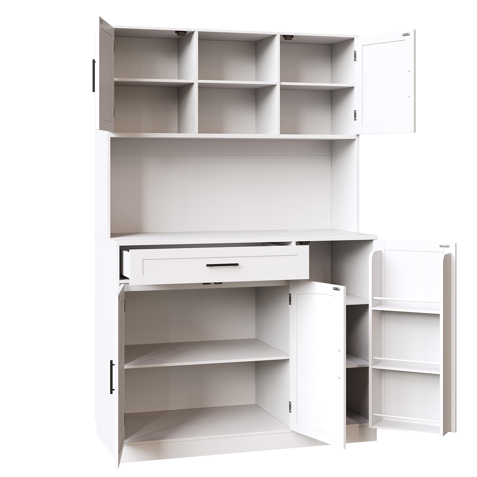 Seitenschrank, Aufbewahrungsschrank, Küchenschrank, 110x38x180 cm, Landhausstil, fünf Türen, mit LED-Leiste und Steckdose, Weiß