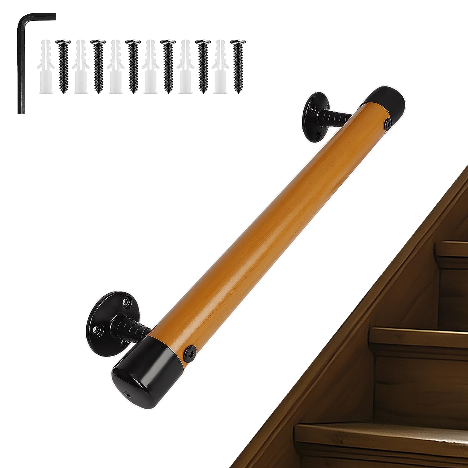 Barandilla de madera de haya para escaleras, 50 cm, pasamanos para escalera interior antideslizante con soporte, capacidad de carga de 225 kg, pasamanos seguro para personas mayores, escaleras