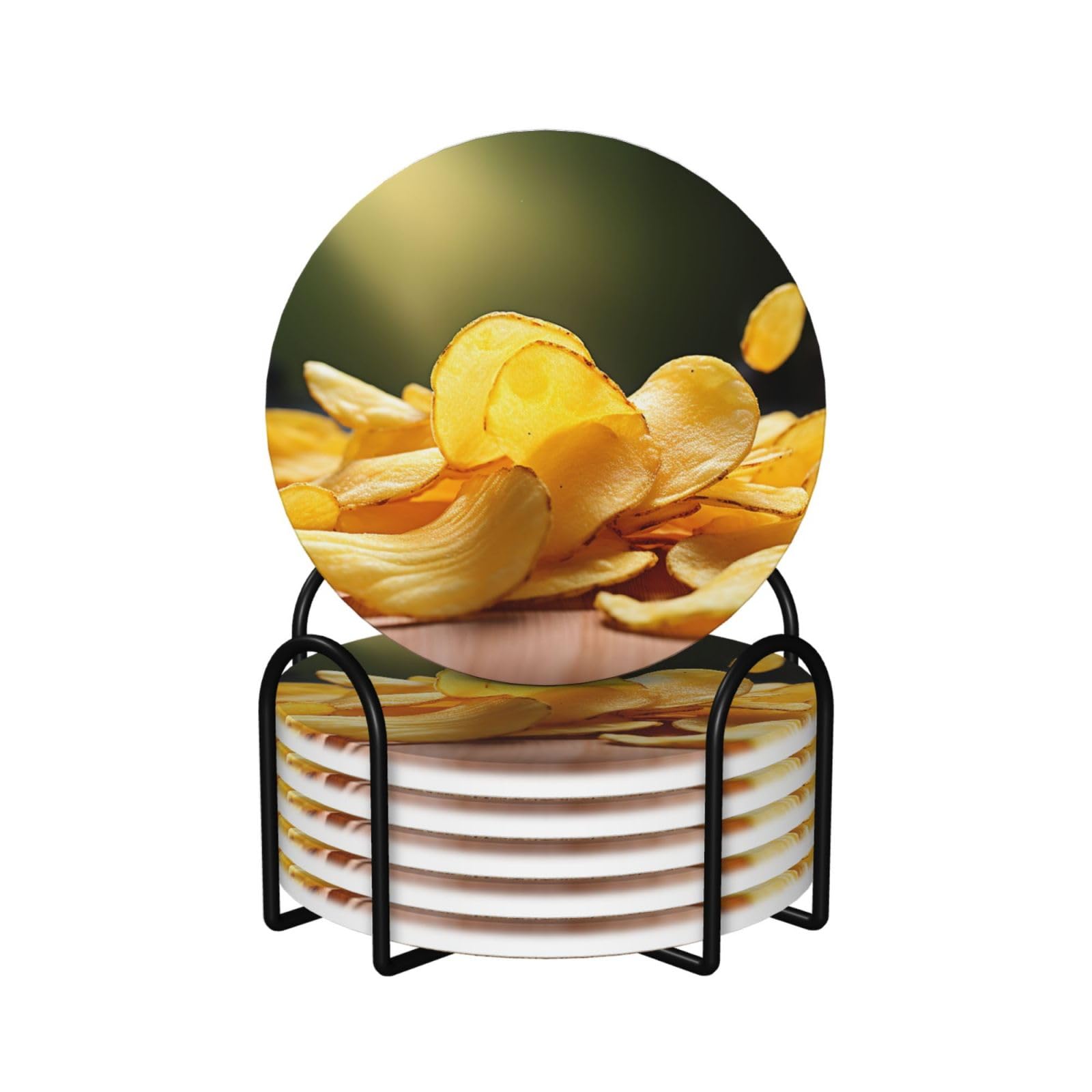 6Pcs Ceramics Coaster for Drinks, Potato Chips Cup Coasters with Holder, Aesthetic Drink Coasters for Coffee Table, Absorbent Round Coaster for Tabletop Protection 4" Cup Mat Pad