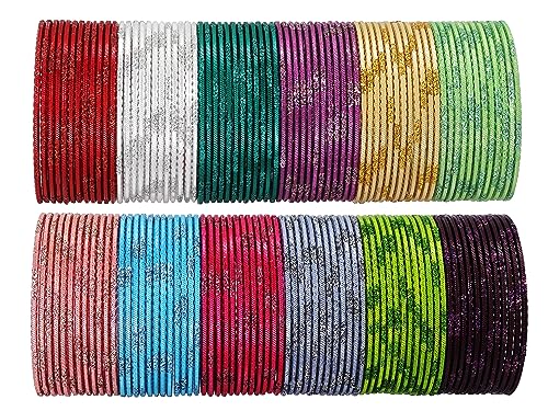 Image of NMII Stylish Multi colour Metal Bangles set for women and Girls with Zari and Cutting Design | Fancy Multicolour Bangles for women | Metal Chudi Set For Women | Women's Bangles