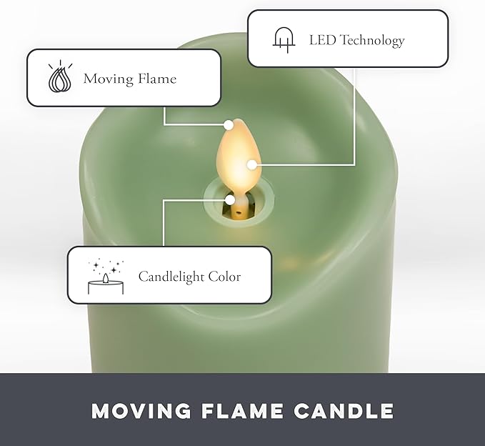 Matchless Candle Co. Matchless Candle Co. by Luminara Set of 3 (3" x 4.5",5.5",6.5") Flameless LED Flickering Battery Candle Moving Flame Pillar, Melted Edge, Real Wax Smooth Finish (Pastel Green) photo 6