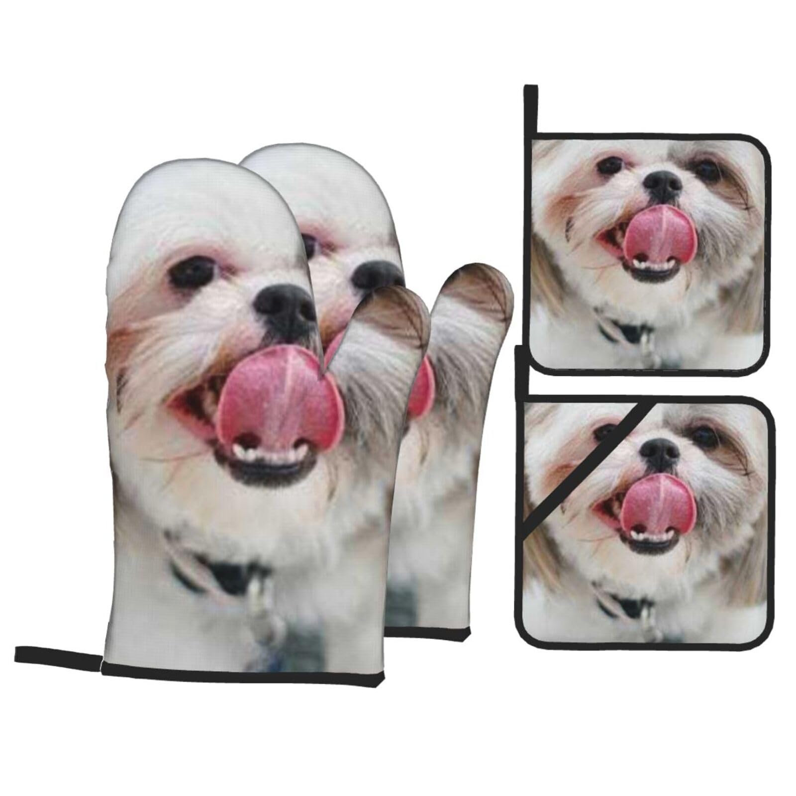 4 Piece Oven Mitts & Handle Covers Set | Shih Day Tzu Close Wildlife Parks Dog Shihtzu Smiling Tongue White Heat Resistant Baking Gloves with Hanging Loops for Grilling