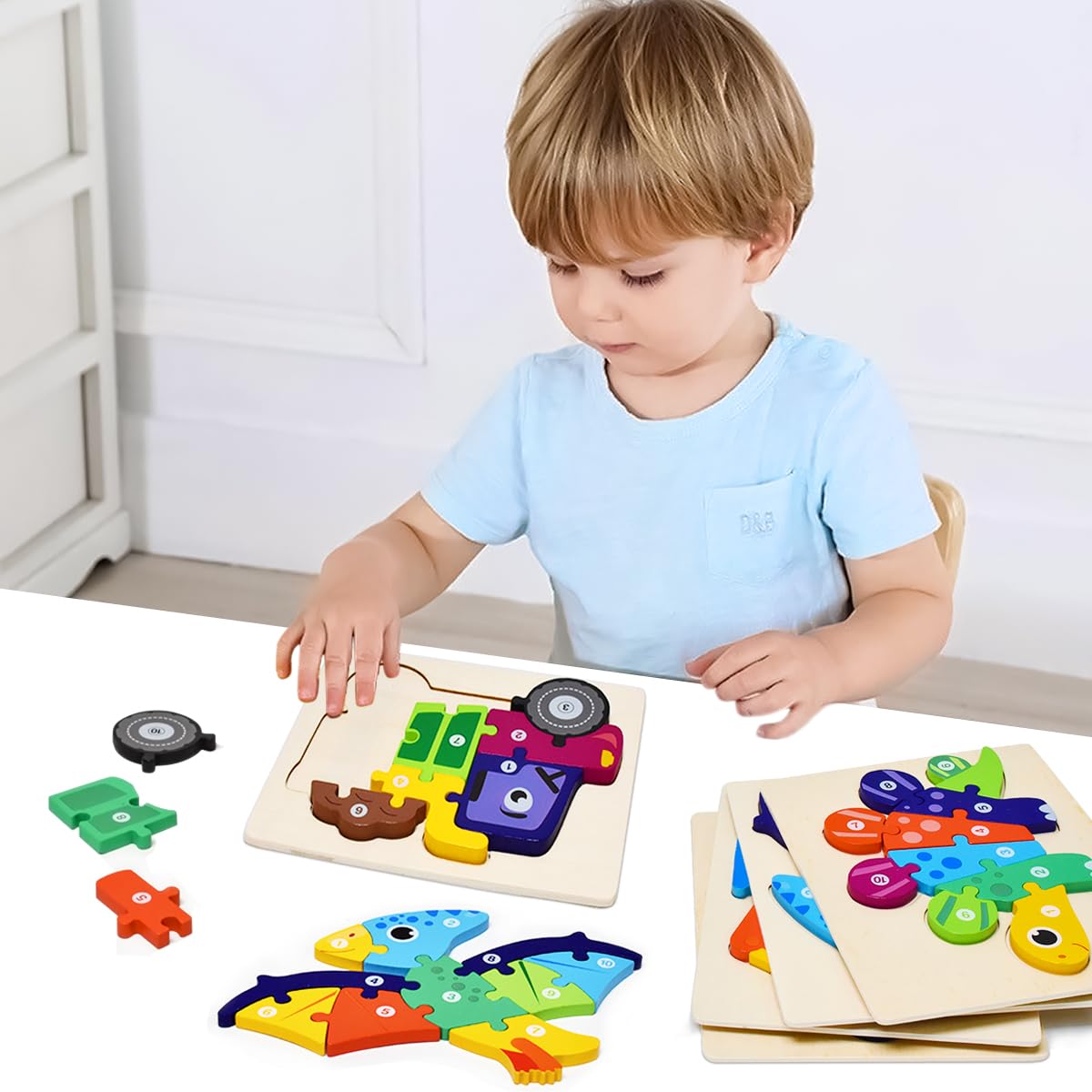 Puzzles en bois Montessori pour enfants 2-4 ans, 4 pièces, cadeau garçons filles dinosaure bateau