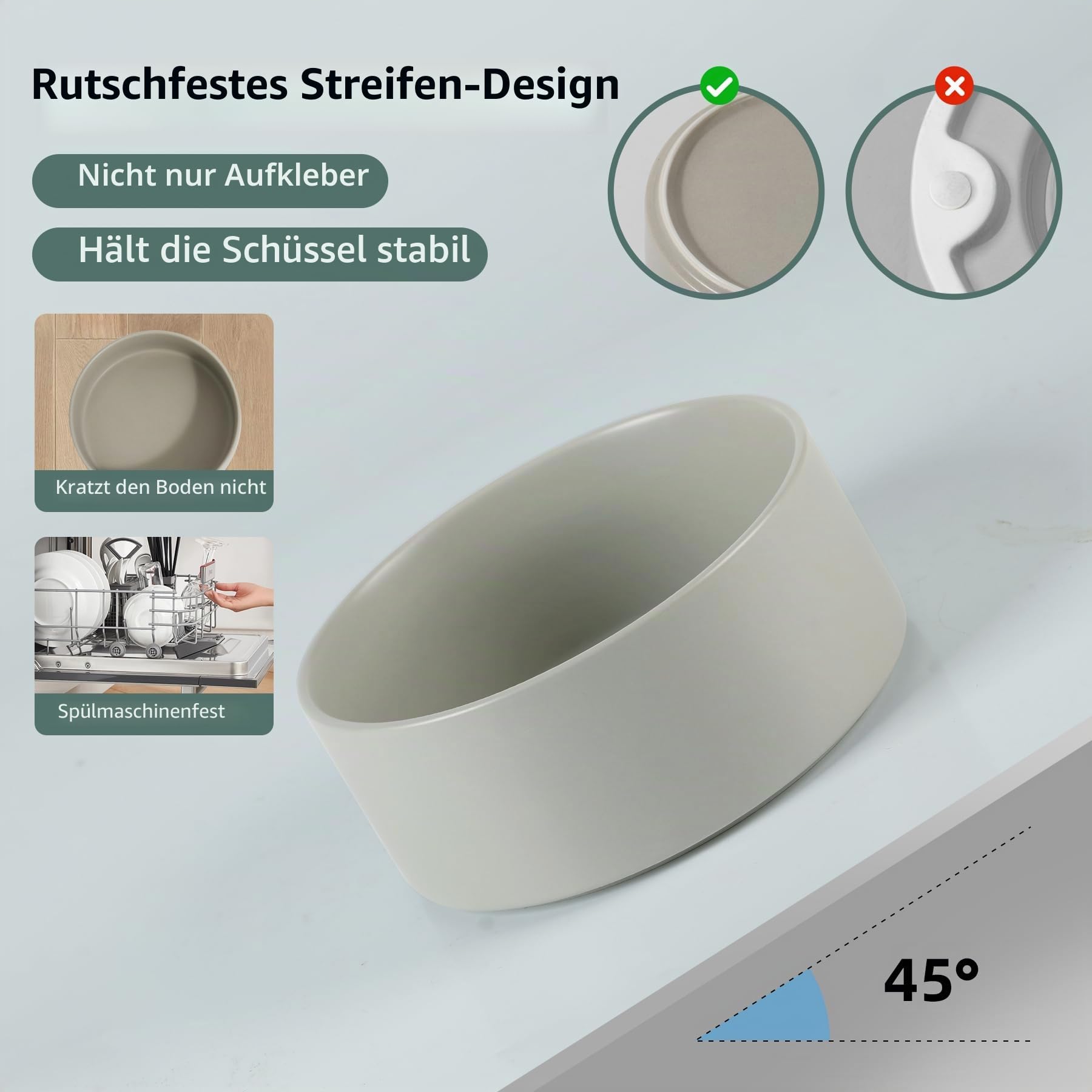 Havniva Ceramic 18,5 cm Hocheinlegesatz für Hunde, Erhöht mit Ständer, Futter- und Wasserbecher für mittelgroße Hunderassen, gewichtete Hundefressschalen, Petbecher (1,3 l, Grau)
