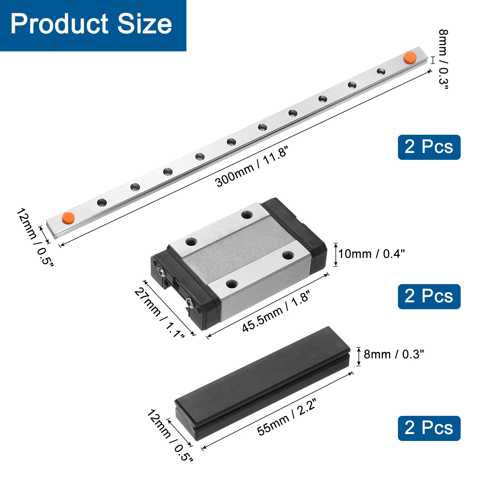 QUARKZMAN 2 Pezzi MGN12 300mm Guide Lineari Con 2 Pezzi MGN12H Blocco Carrello Scorrevole Cuscinetto Acciaio E 2 Pezzi Mini Guide Lineari MGN12 In Plastica Per Stampanti 3D, Nero