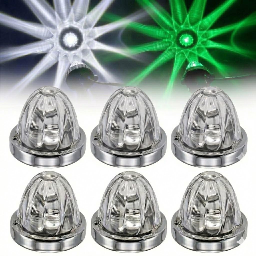 6 Pack Glass Watermelon LED Lights for Semi Trucks, Star Pattern Marker Lights with Strobe &amp; Steady Modes, 10-30V Amber/Green/Red Dual Color Watermelon Marker Lights with Brackets (White&amp;Green 6PCS)