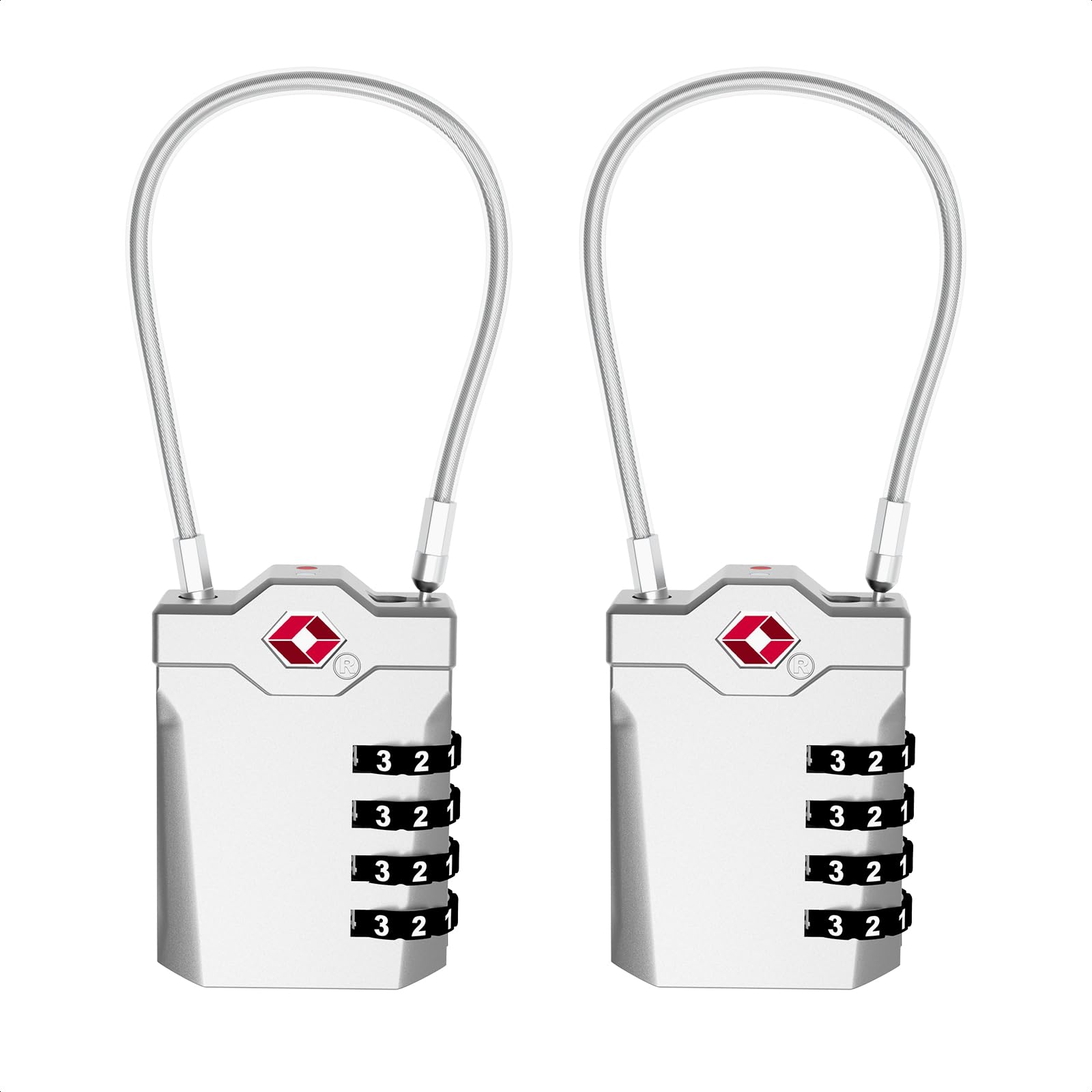 TSA Approved Locks for Luggage, 2 Pack Combination Travel Steel Cable Lock, Re-settable 4 Digit Padlocks with Inspection Indicator, Alloy Body Keyless
