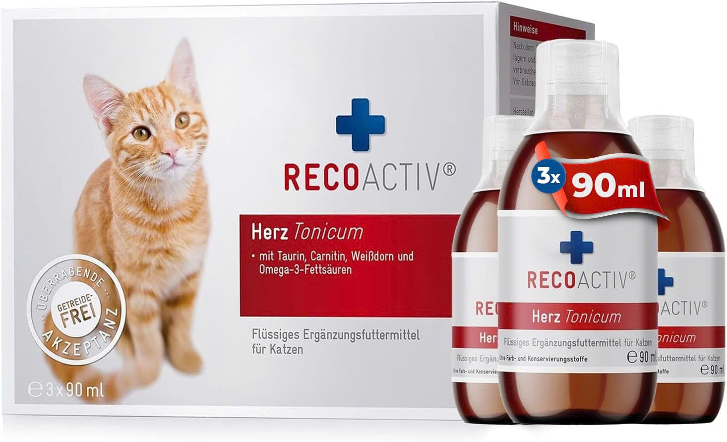 RECOACTIV Herz Tonicum Katze - hoher Taurin-Gehalt, Omega-3, Weißdorn und L-Carnitin, ideale Ergänzung für Senioren, sehr schmackhaft, hochverdauliche Proteine, flüssig, 3 x 90 ml
