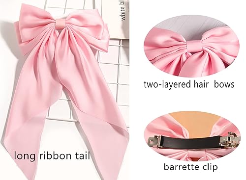 Miniatura 2 de Paquete de 2 clips de pasador de pelo con lazo grande suave y sedoso de satén con cola larga, pinza de pelo francesa, coletero, lindos regalos para