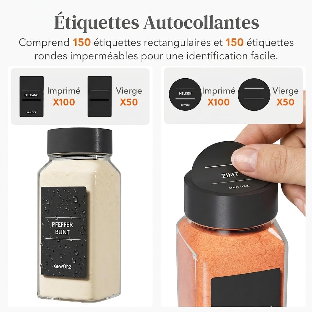 Lifewit Rangement d'Épices pour Cuisine, 24 Pièces avec 24 Bocaux et 250 Étiquettes, Étagère à Pot Epices de Tiroir Colocalisable et Antidérapants, Organisateur Réglable de Stockage, Noir