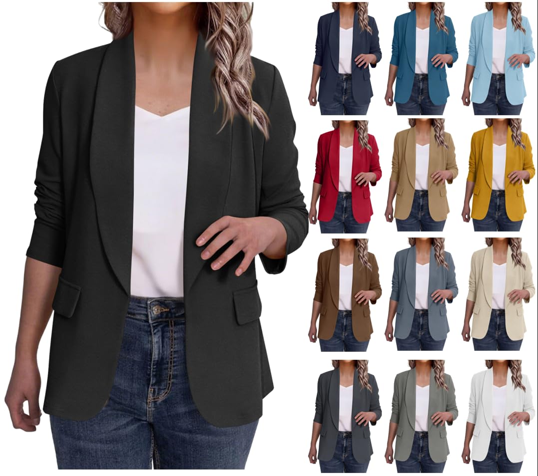 Dyhxuan Women's Black Blazer Long Sleeve Blazer Jacket Casual Lapel Collar Cardigan Front Open Suit Jacket Lightweight Business Jacket Plain Long Blazer, M