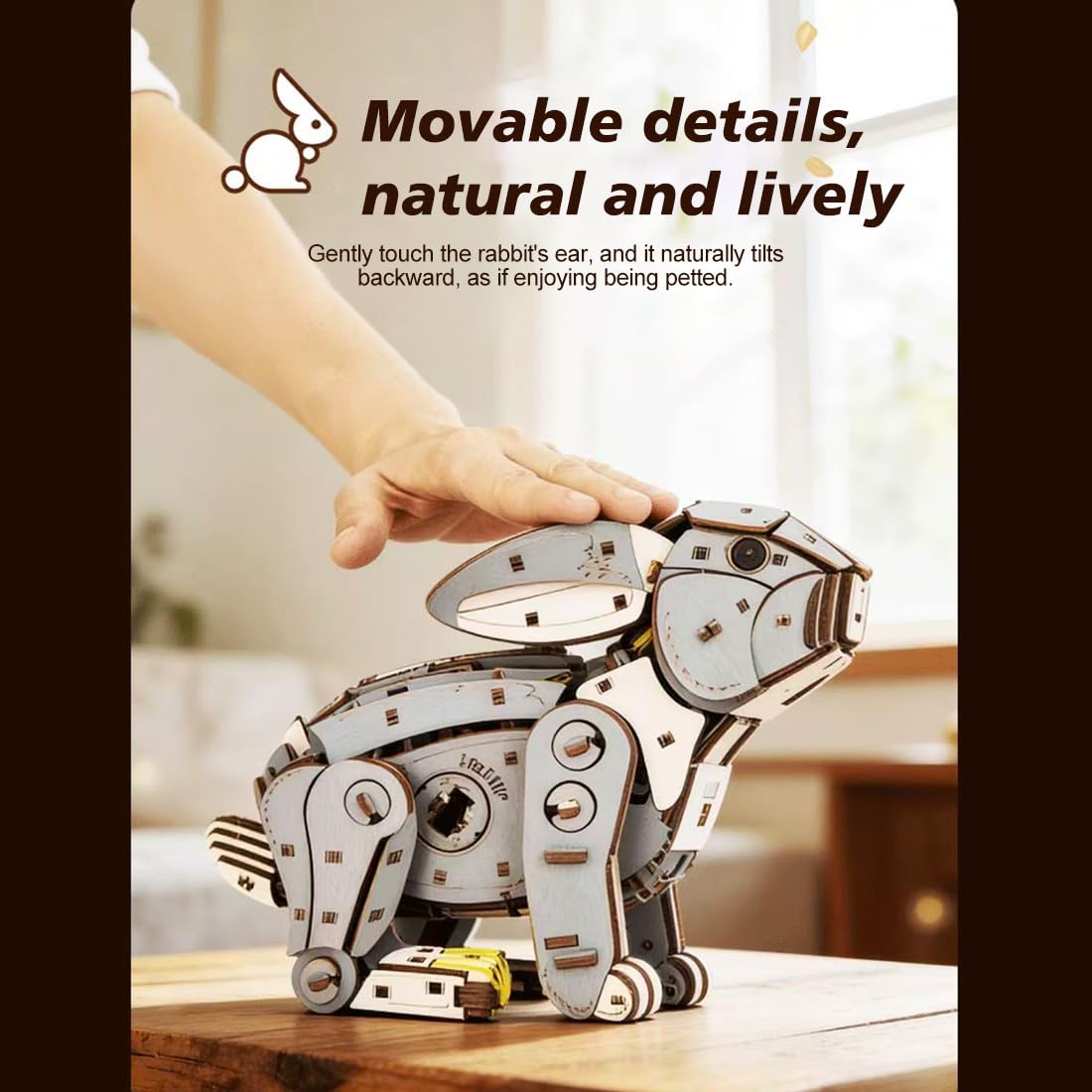 Puzzle 3D en bois à monter soi-même pour adultes – 288 pièces modèle de lapin sautant à remonter avec action de saut à ressort et oreilles interactives, cadeau de collection d'affichage (blanc)