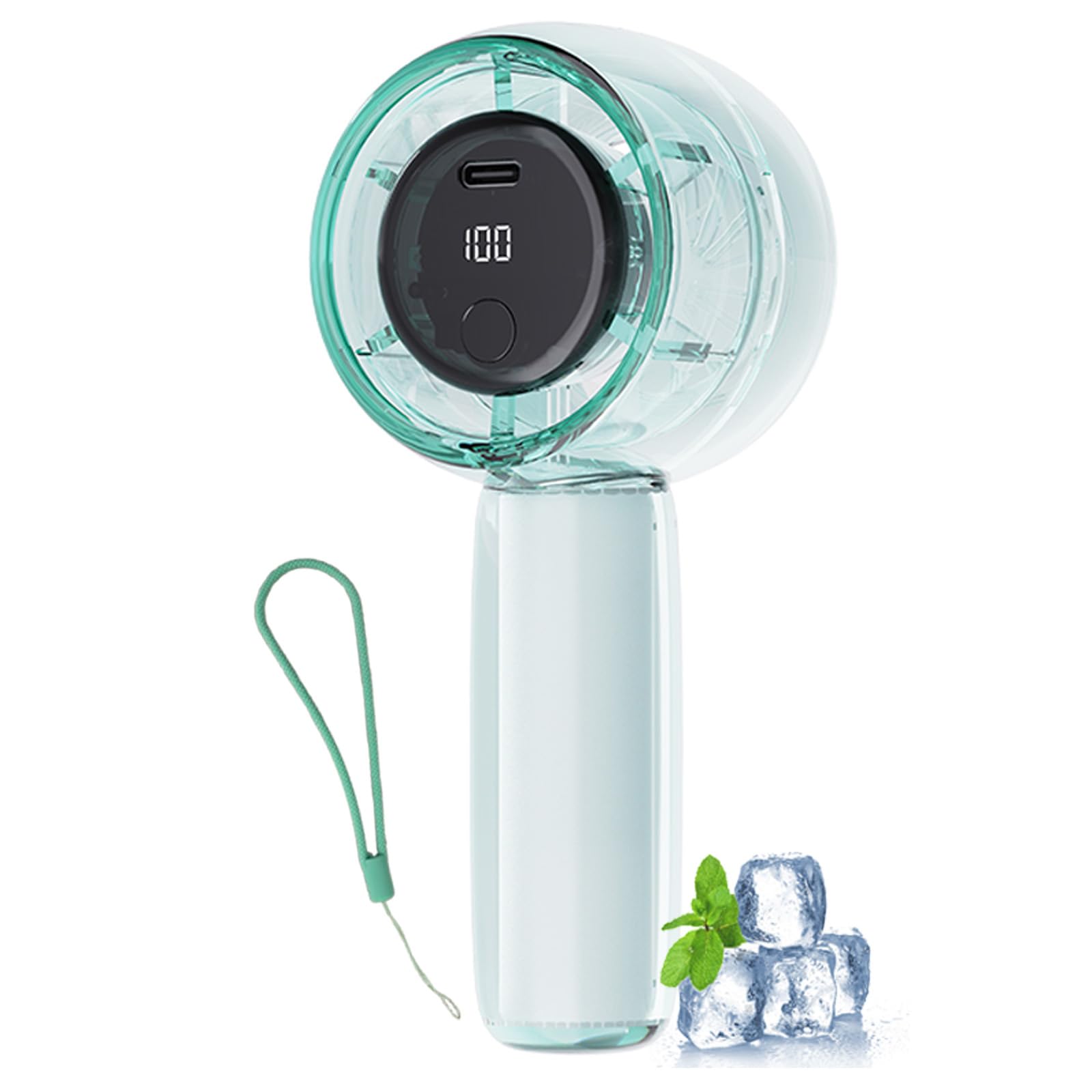 Vurlexat Handheld Fan with Light, Portable Type-C Rechargeable Fan with Lanyard, Lightweight Hand Held Mini Fan with LED Display and Speed Adjustment for Stylish Girl Women Men Indoor Outdoor (Green)