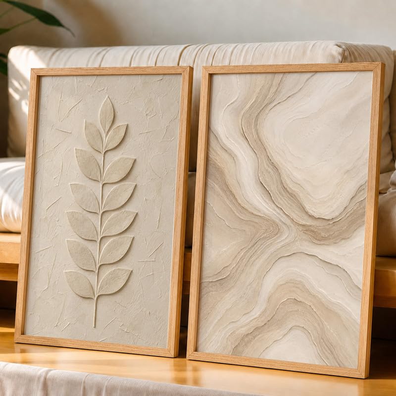 Image of NoWorries Minimal Leaf Wall Painting Set of 2 with Frame | Neutral Beige Botanical Leaf & Abstract Marble Texture Artwork, Modern Nature Wall Decor for Living Room, Bedroom, Office and Home Decoration (Art-4, 25x37inch)