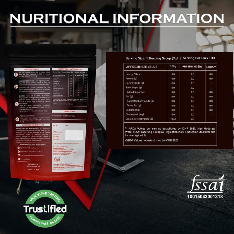 NAKPRO NUTRITION Micronised Creatine Monohydrate | 100g (33 Servings) | Unflavoured | Trustified Certified | Rapid Absorption Pre/Post Workout 1