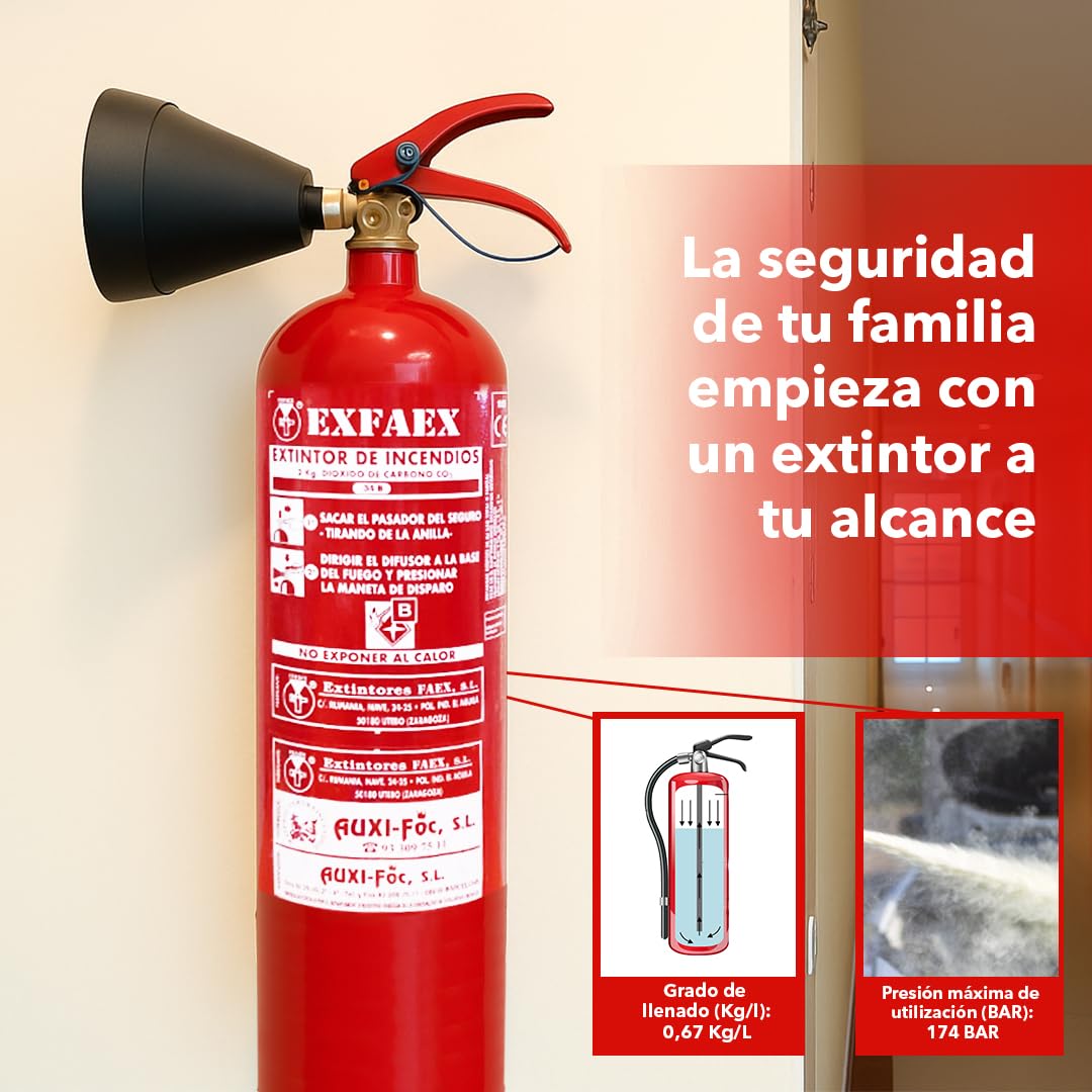 AUXI-FOC | Extintor de gas CO2, 2Kg | Ideal para Cocina, Coche, Hogar, Oficina o Taller | Extintor de Coche o Casa Compacto y Seguro | Extintor Fiable | Extintor de Incendios Potente y Eficaz.