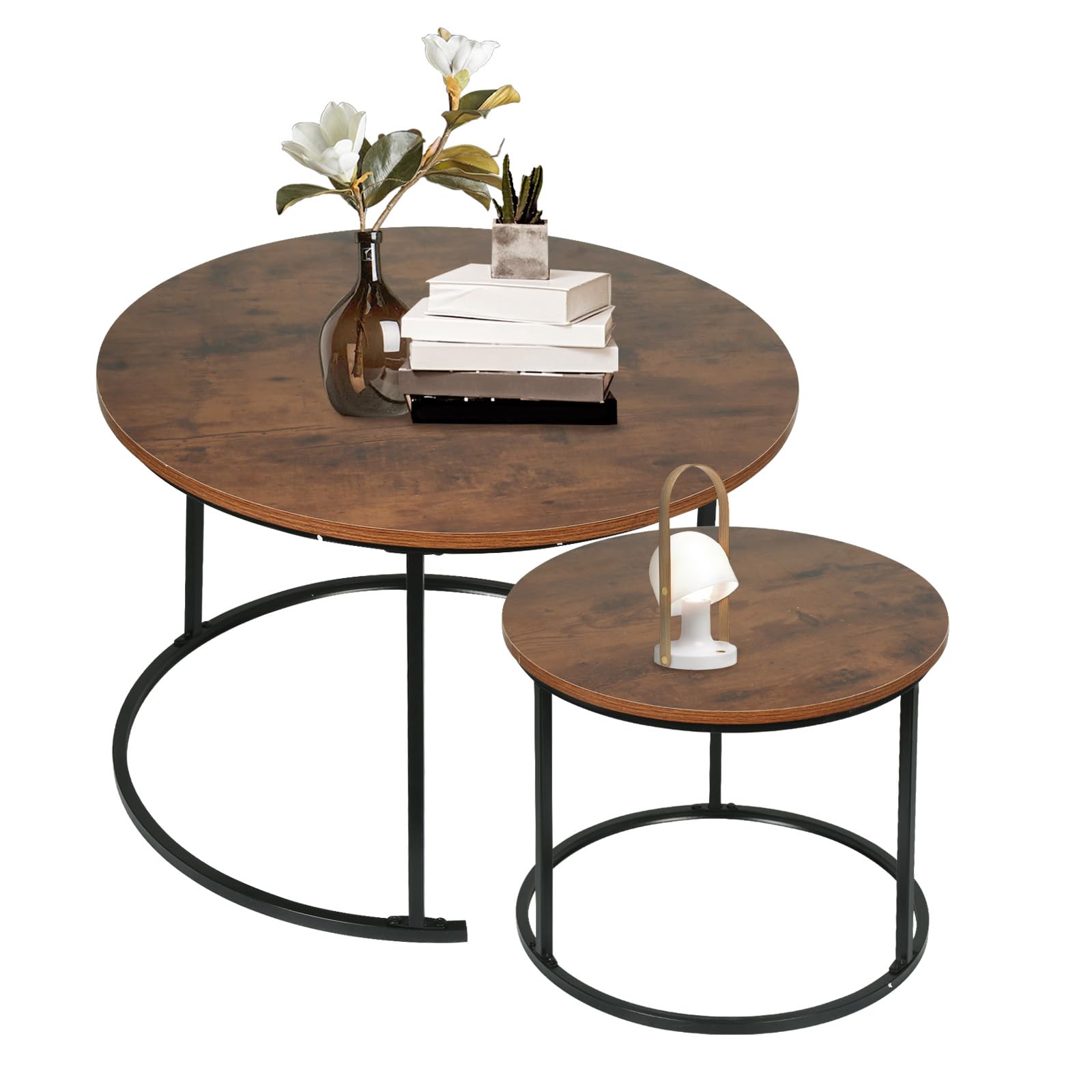 OHMG Lot de 2 Tables Basses gigognes,Table Basse Ronde,Empilable,Design Industriel,Table Basse de Salon,Pieds en métal,Tables de d'appoint,70/50CM Effet marbre (Bois foncé+Noir-70 * 70 * 45cm)
