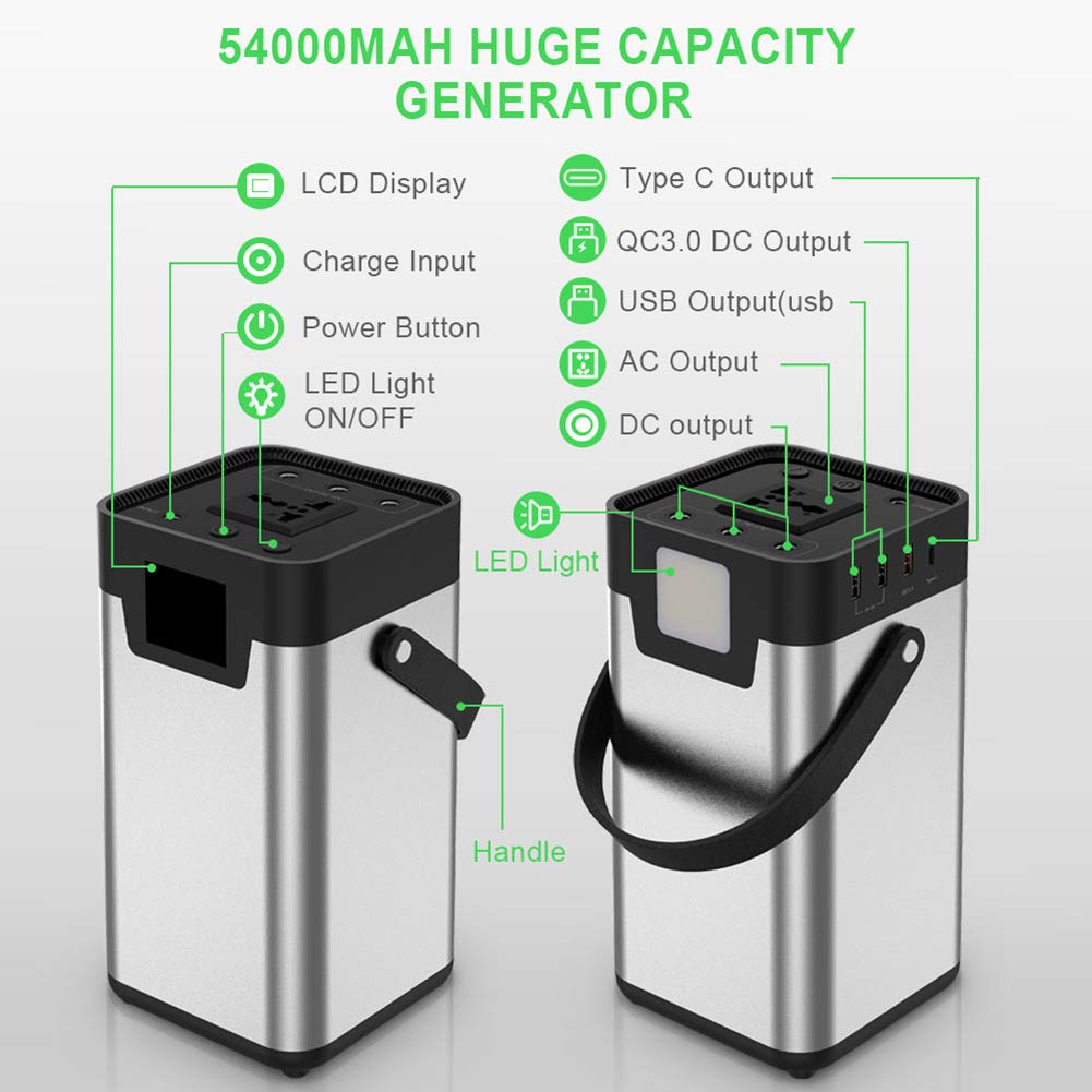 Banco de energía portátil 54000mAh 200Wh Estación de generador Solar 110V 220V AC DC USB con Pantalla LED y Linterna, para Granjas, Lugares de Trabajo, Emergencia Familiar