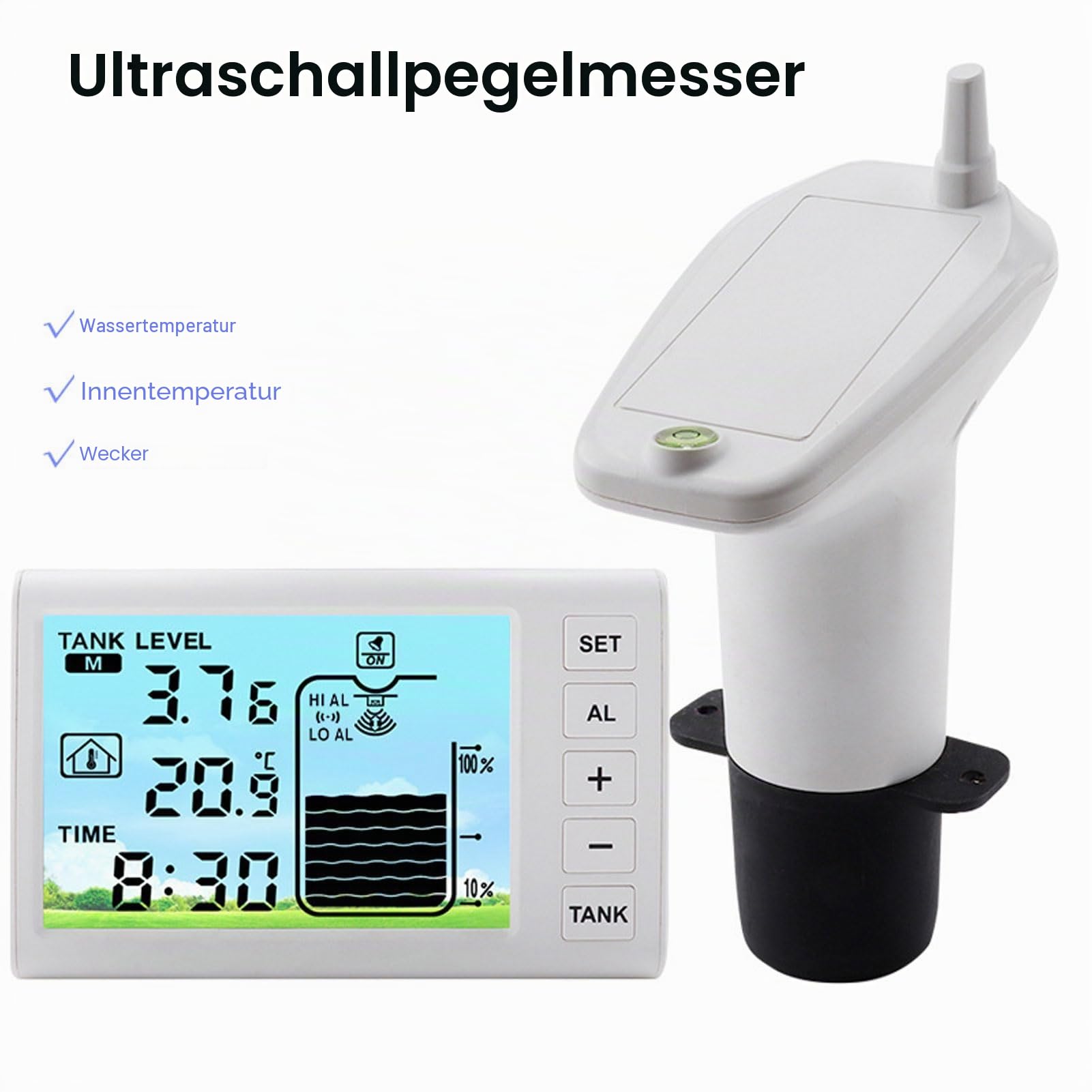 Ultraschall-Füllstandssensor, Kabelloser Wassertank-Tiefenmesser mit LCD-Anzeige und Temperatur-/Zeitanzeige für die Wasserversorgung Im Innen- und Außenbereich