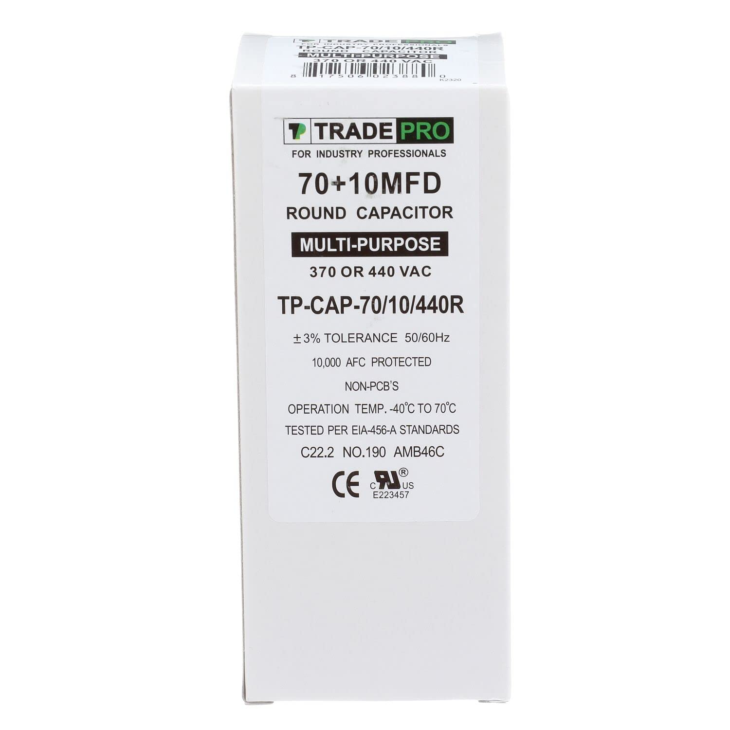 (TP-CAP-70/10/440R) 70+10 MFD (Microfarads) 440 Volt Round Dual Run Capacitor | 60,000 Hour Operating Life, Aluminum Composition, -40°F to 158°F (-40°C to 70°C) Temperature Range