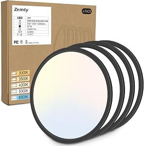 4 Pack 12 Inch Black LED Flush Mount Ceiling Light Fixtures, Zemty 24W 2640lm LED Ceiling Light, 3000K/3500K/4000K/5000K/6500K 5 Color Temperatures Selectable for Bedroom Kitchen Dining Room (Black)