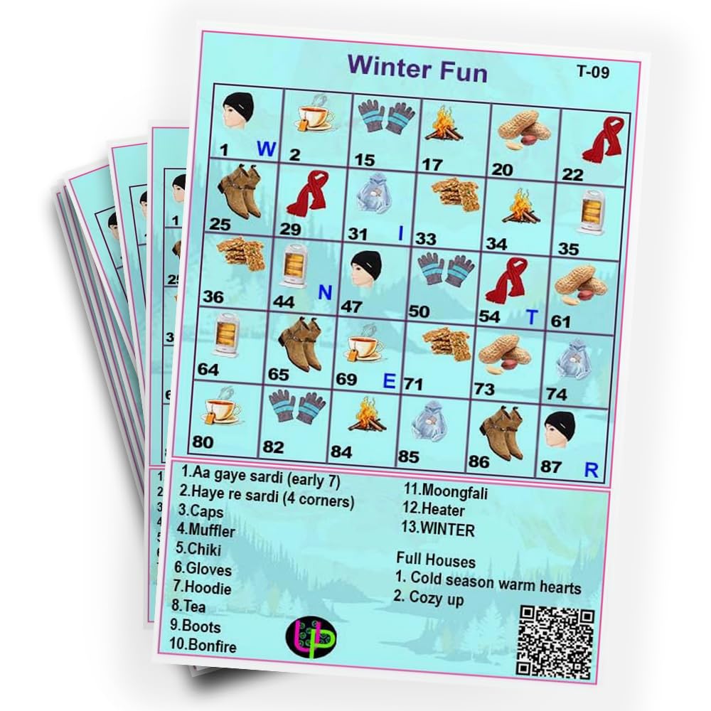 UltPult Tambola Winters Theme Tambola Tickets- Winter Fun Theme | Eng | Fun & Engaging Bingo Housie Game for Kitty Parties, Friends & Family Gatherings (Set of 15 Tickets)