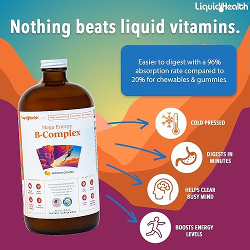 Miniatura 2 de LIQUIDHEALTH Complejo B de 32 onzas líquidas Super Mega Energy Active B Vitaminas Suplementos Bcomplex Methlayted Alivio del estrés vegano gluten