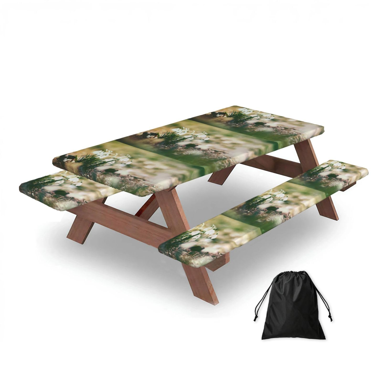 Dopklna As Picture Wild Spring Snowdrop, Picnic Table Cover With Bench Covers -Waterproof Elastic Fitted Tablecloth For Garden Camping Patio 76X152cm