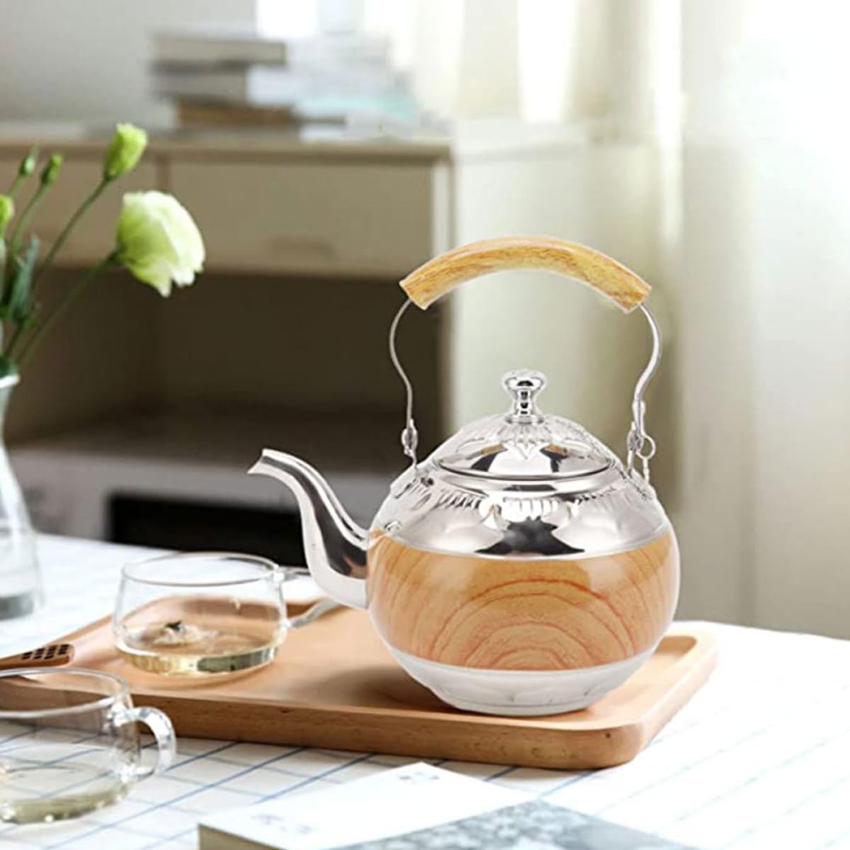 Tetera de Acero Inoxidable con Asa 1L Capacidad Grande, Diseño Elegante y Resistente, Fácil para Verter Té en Ambientes