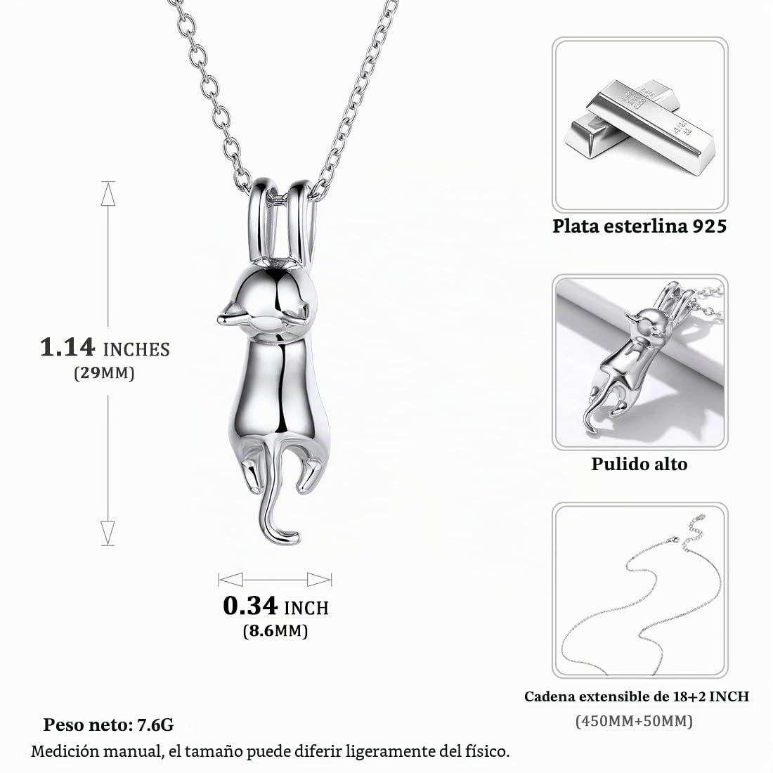 ChicSilver Collar Mujer Plata de Ley 925 Colgante Infantil Gato Joyería Cute para Hija