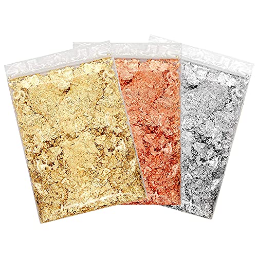 sinzau Imitation Paillettes d'or, Paillettes Feuille d'or, pour Nail Art, Peinture, Décoration Artisanale, DIY, 3 Pièces, d'or, Argent, Cuivre