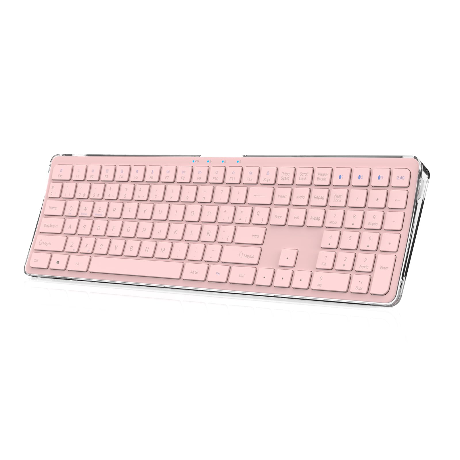 Teclado Curvado Ergonómico con Base Transparente,Español,Recargable,Multidispositivo (Bluetooth Y Inalámbrico USB),Clic Silencioso-Rosa